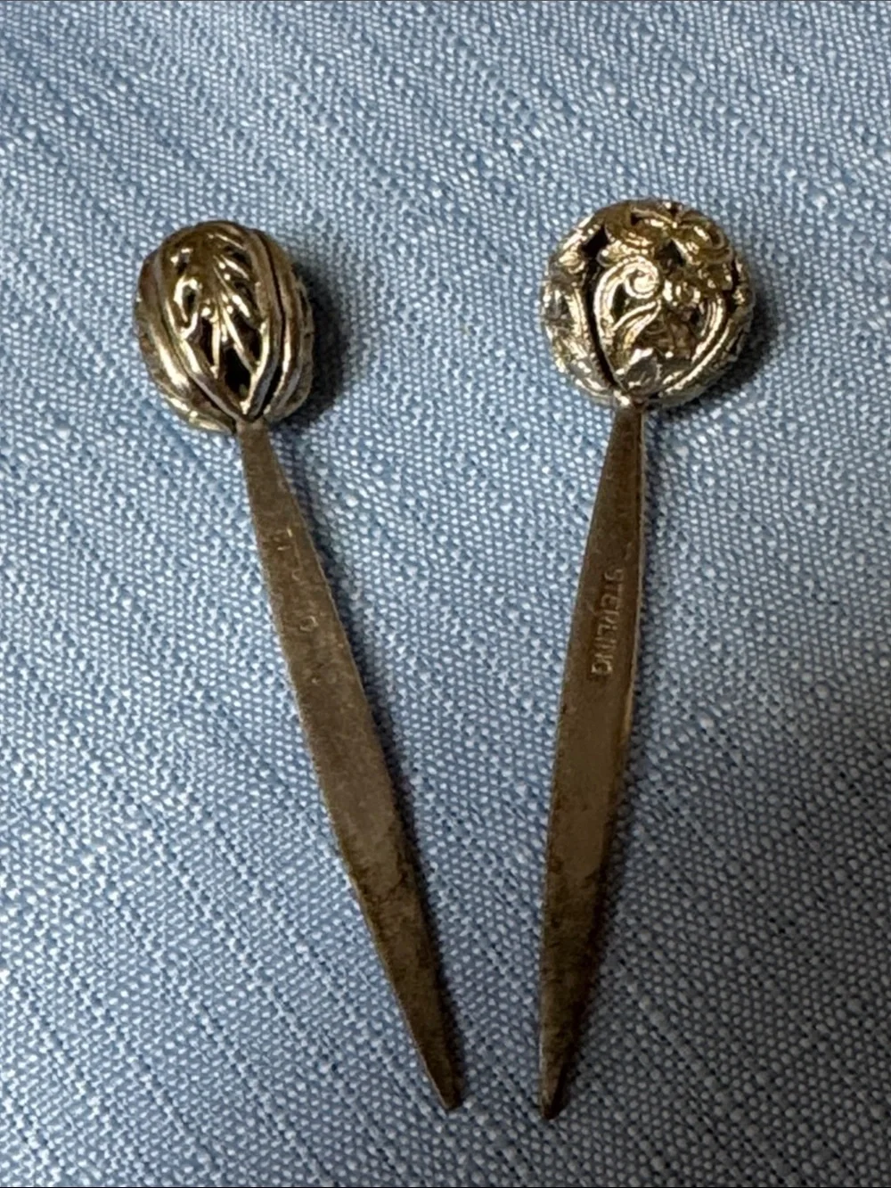 Sterling silver cocktail picks ornate tops 1940s or 1950s 2 5/8” long, set of 2